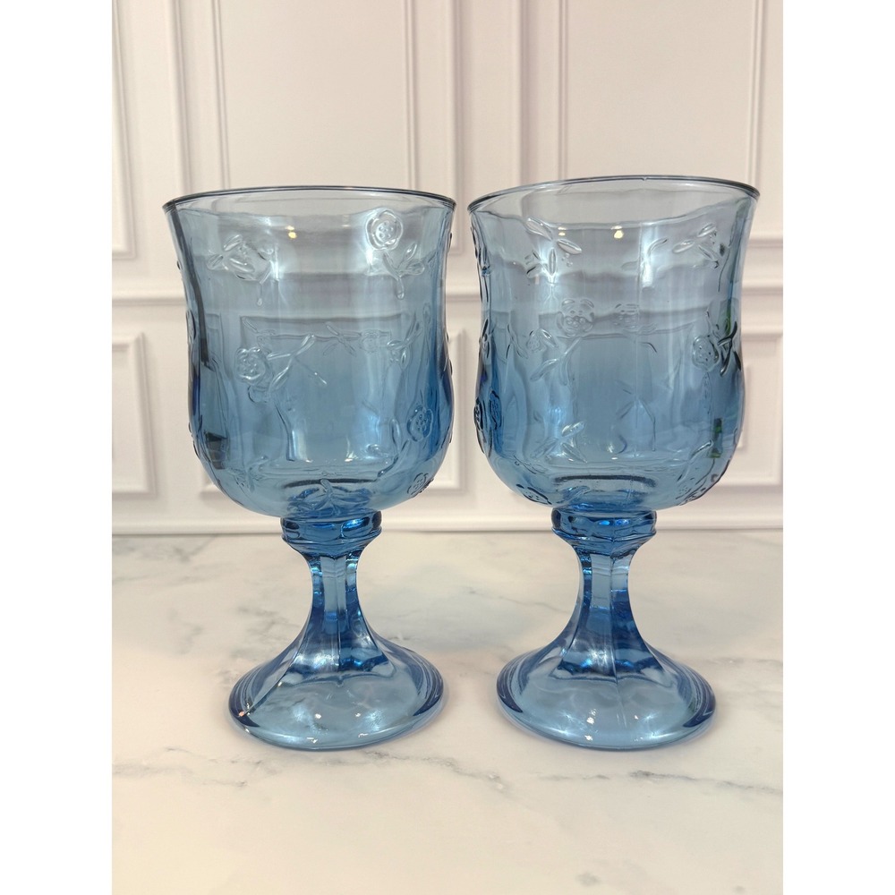 VTG PAIR (2) Anchor Hocking Savannah Blue Water Floral Embossed Water Goblets